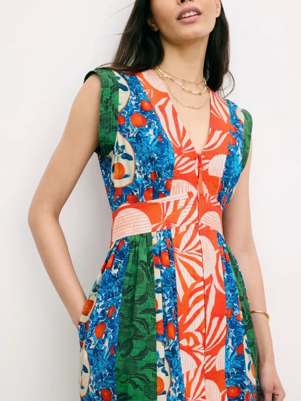 Hunter Bell April Dress 10 Sleeveless Multi-Print V-Neck Dress - Orange & Blue